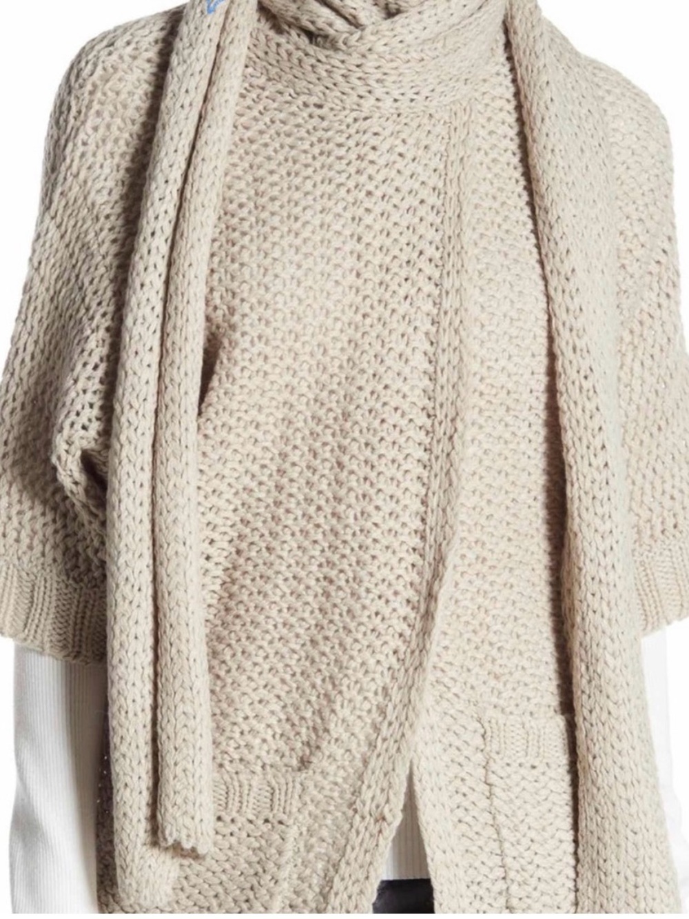Open-Front Knit Cardigan with Attached Scarf in Light Beige